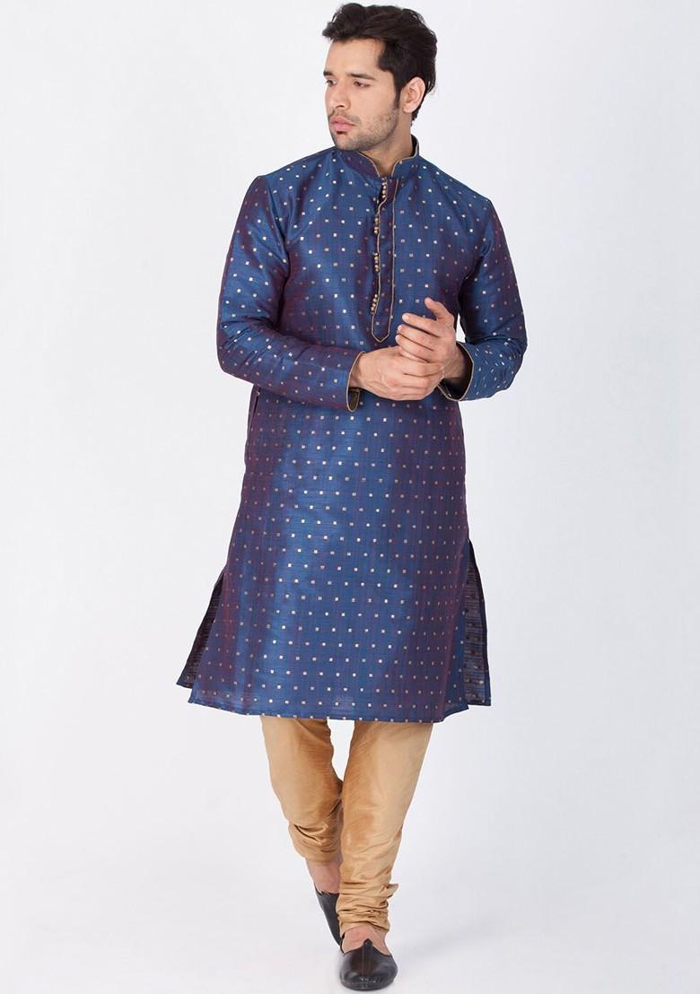 Blue Woven Poly Blend Kurta Set For Men