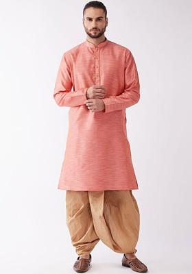 Pink Woven Poly Blend Kurta Set For Men