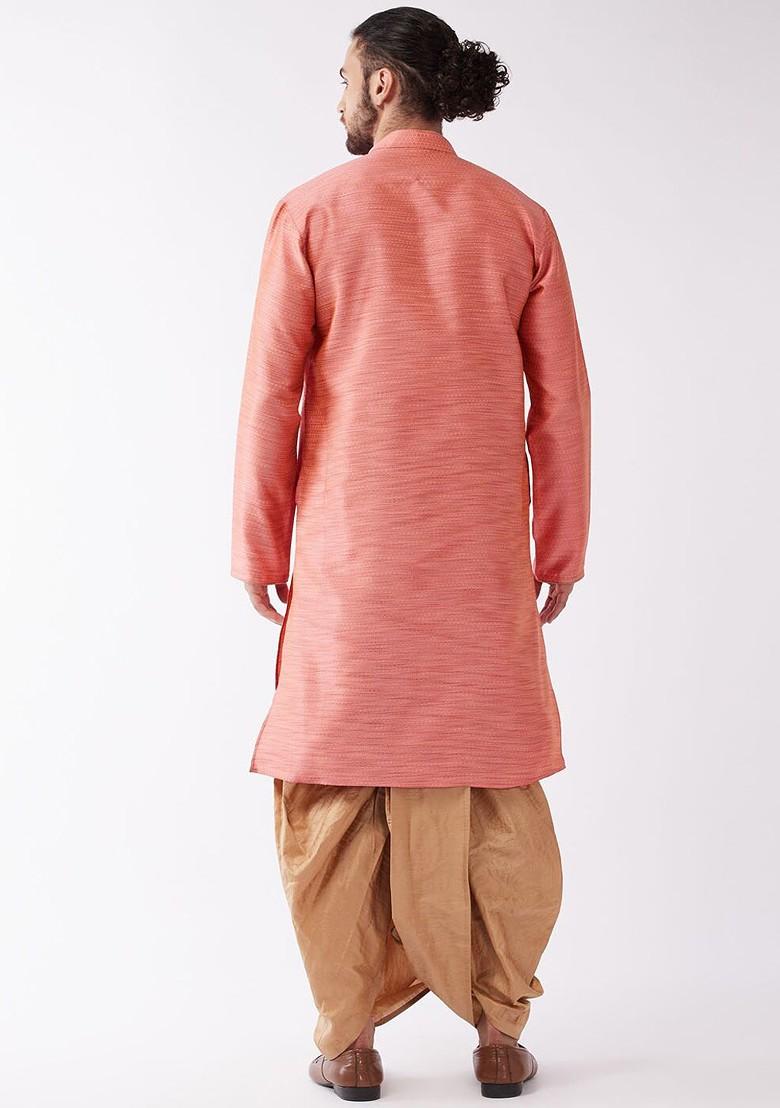 Pink Woven Poly Blend Kurta Set For Men