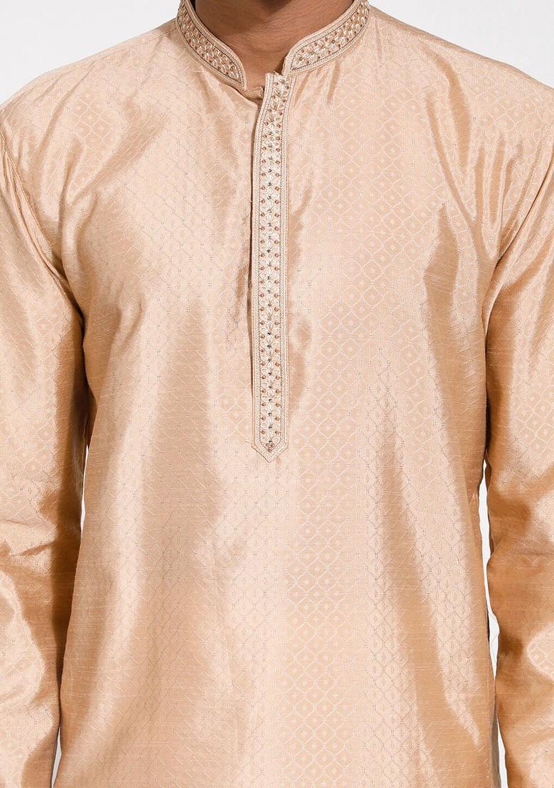 Rose Gold Embroidered Silk Kurta Set For Men