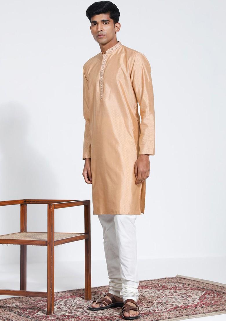 Rose Gold Embroidered Silk Kurta Set For Men