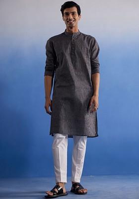 Grey Solid Cotton Kurta Set For Men