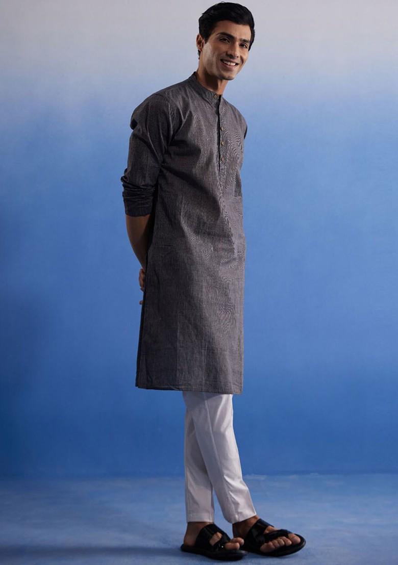 Grey Solid Cotton Kurta Set For Men
