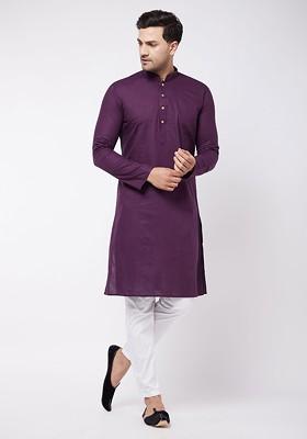 Purple Solid Poly Blend Kurta Set For Men