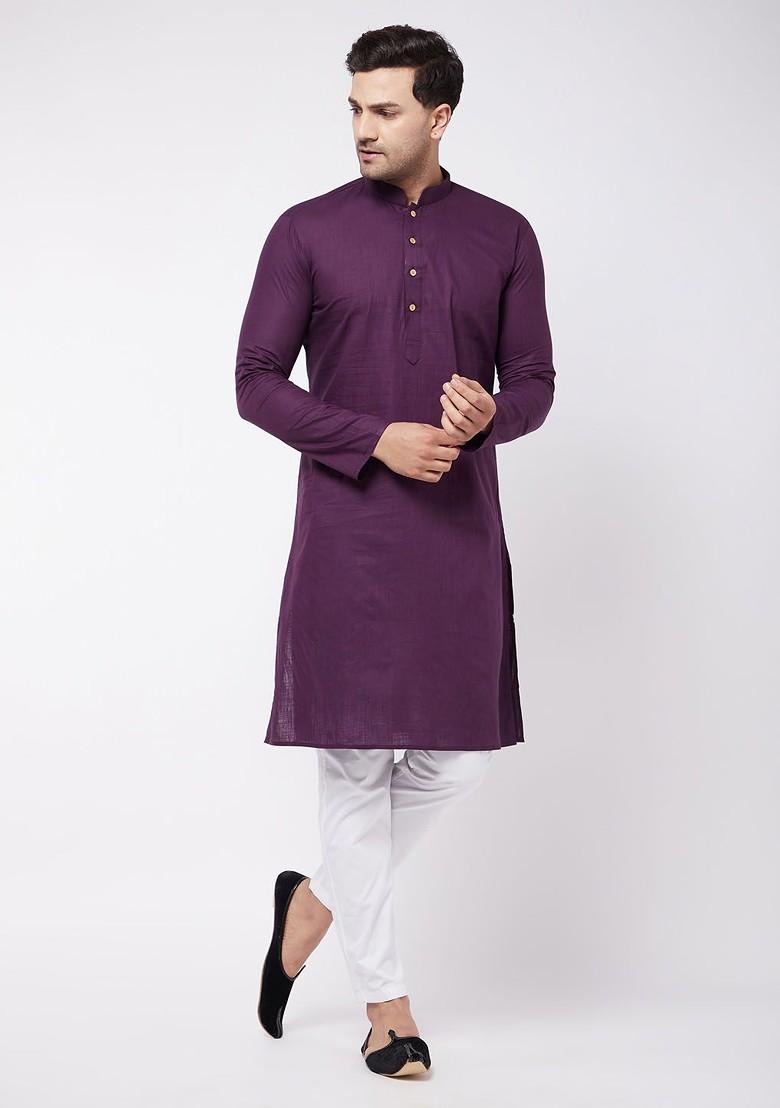 Purple Solid Poly Blend Kurta Set For Men