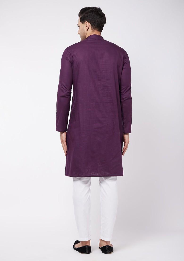 Purple Solid Poly Blend Kurta Set For Men