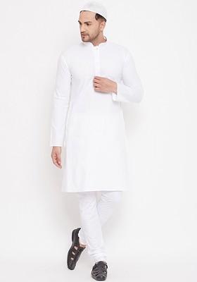 White Solid Cotton Kurta Set For Men