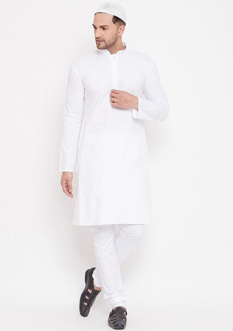 White Solid Cotton Kurta Set For Men