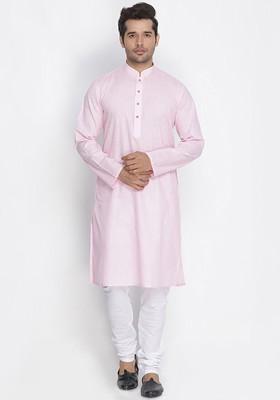 Pink Solid Poly Blend Kurta Set For Men