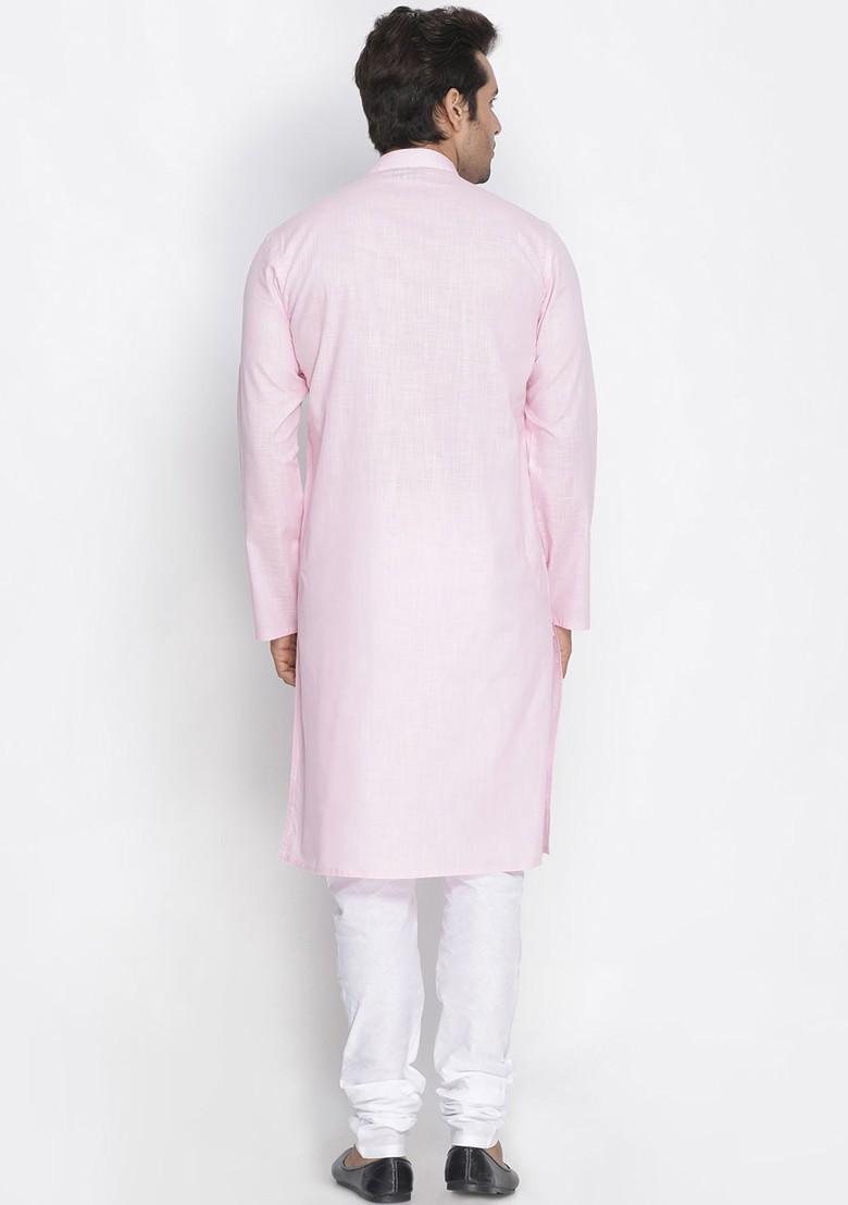 Pink Solid Poly Blend Kurta Set For Men