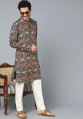 Navy Blue Ethnic Motifs Poly Blend Kurta Set For Men
