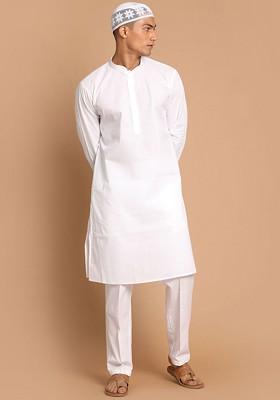 White Striped Cotton Kurta Set For Men