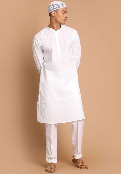 White Striped Cotton Kurta Set For Men — view on Indya