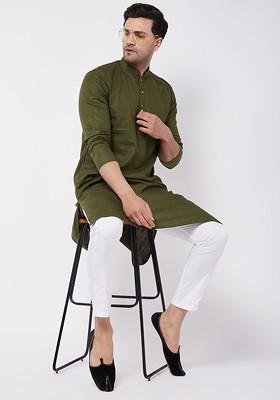 Olive Solid Poly Blend Kurta Set For Men