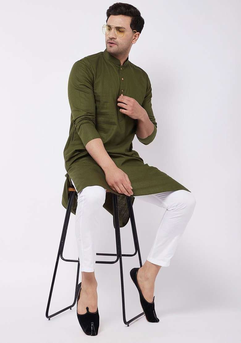 Olive Solid Poly Blend Kurta Set For Men - Indya