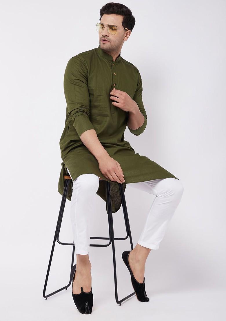 Olive Solid Poly Blend Kurta Set For Men