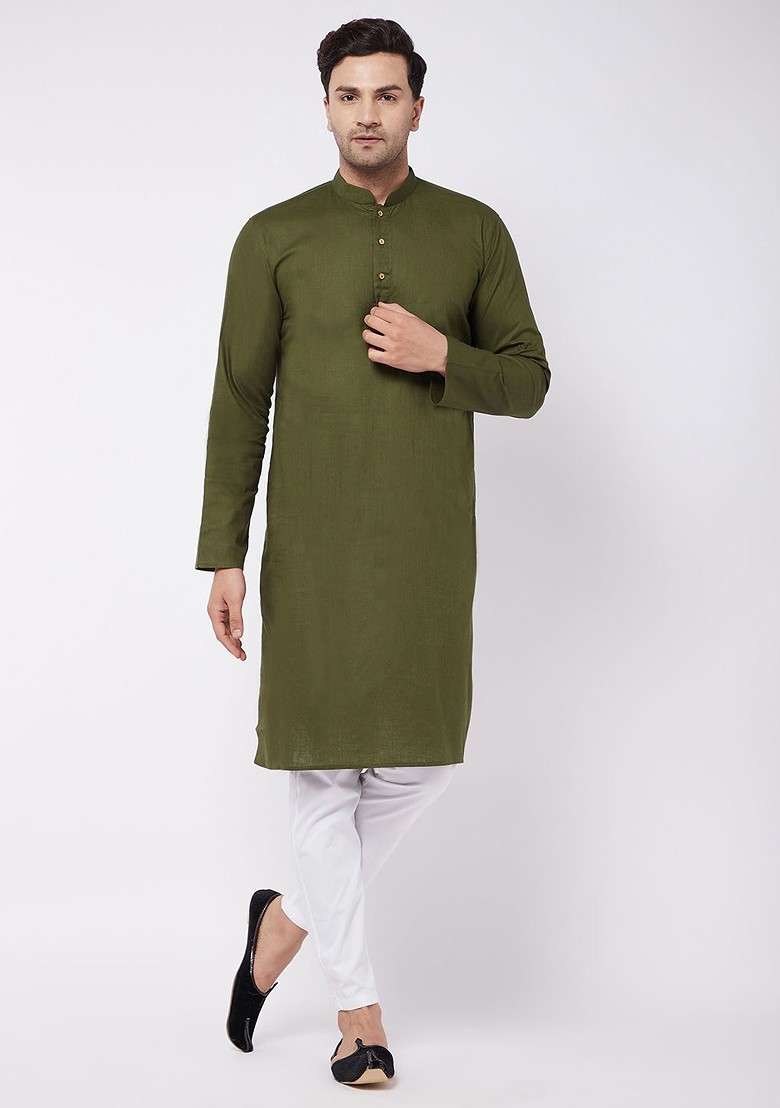 Olive Solid Poly Blend Kurta Set For Men - Indya