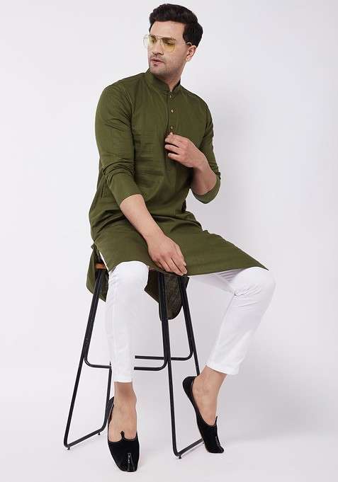 Olive Solid Poly Blend Kurta Set For Men