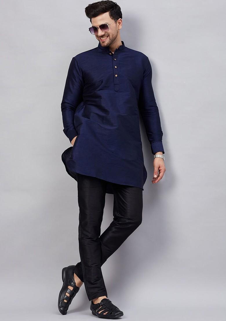 Navy Blue Solid Poly Blend Kurta Set For Men