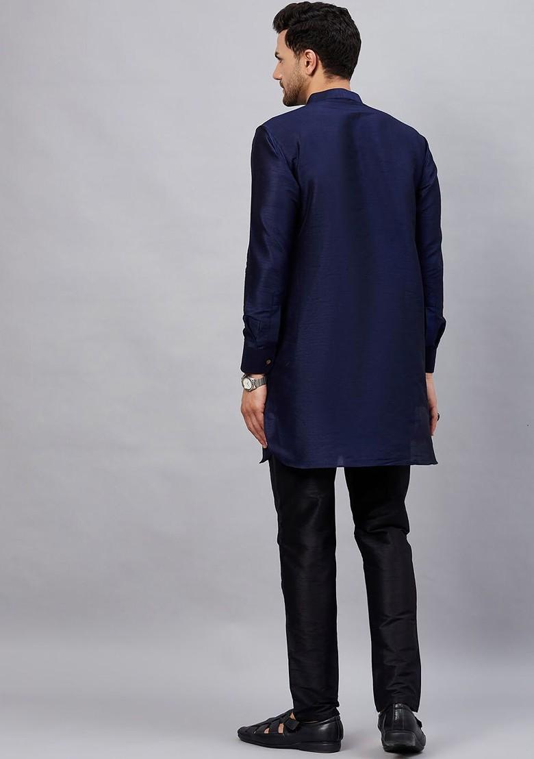 Navy Blue Solid Poly Blend Kurta Set For Men