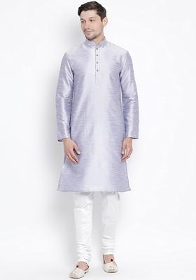 Lavender Solid Poly Blend Kurta Set For Men