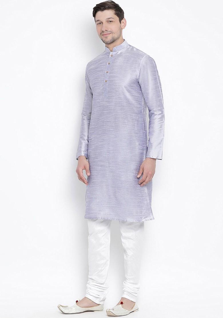 Lavender Solid Poly Blend Kurta Set For Men