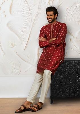 Maroon Ethnic Motifs Poly Blend Kurta Set For Men