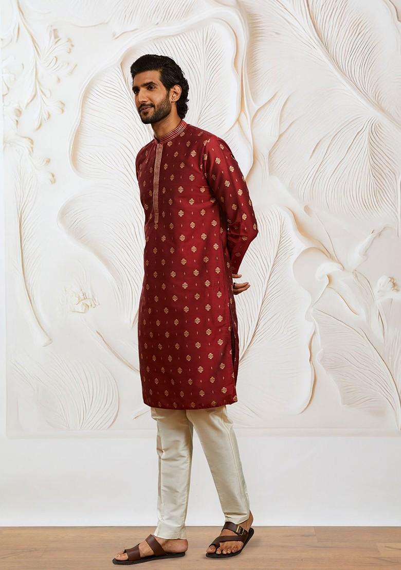 Maroon Ethnic Motifs Poly Blend Kurta Set For Men