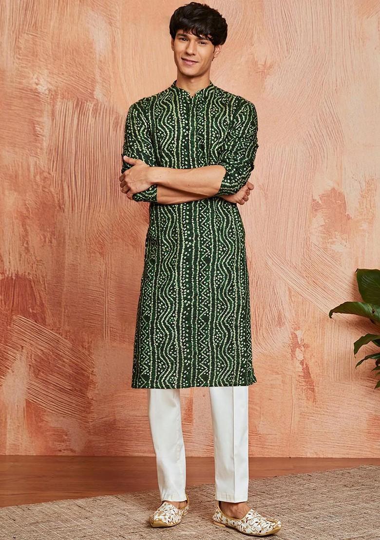 Green Bandhani Print Poly Blend Kurta Set For Men