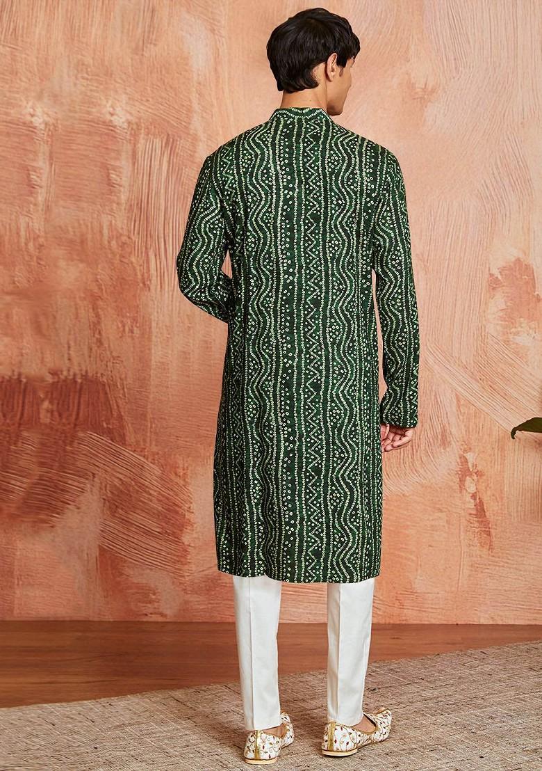 Green Bandhani Print Poly Blend Kurta Set For Men