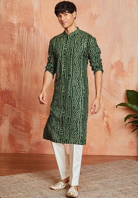 Green Bandhani Print Poly Blend Kurta Set For Men