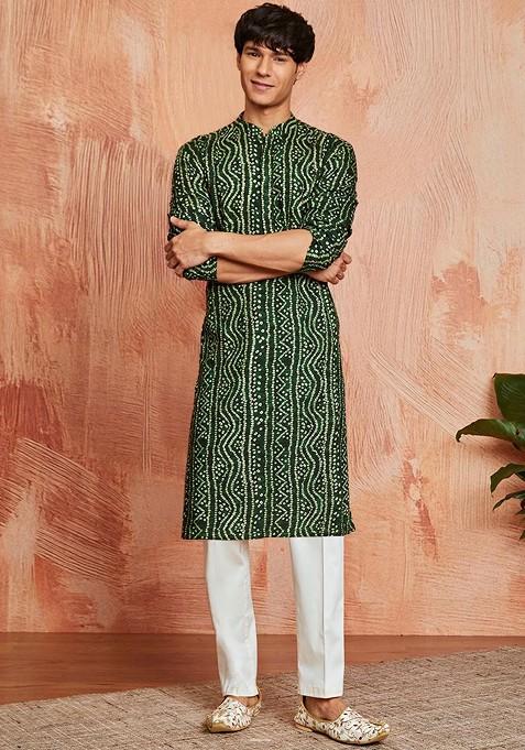 Green Bandhani Print Poly Blend Kurta Set For Men
