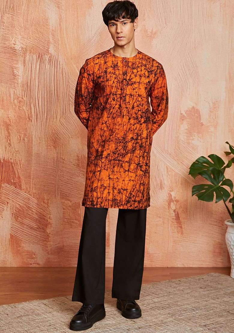 Orange Abstract Print Poly Blend Kurta Set For Men - Indya