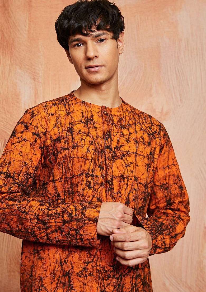 Orange Abstract Print Poly Blend Kurta Set For Men - Indya
