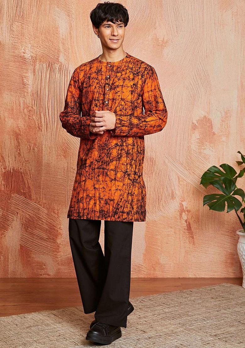 Orange Abstract Print Poly Blend Kurta Set For Men