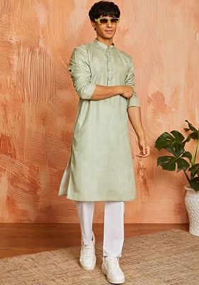 Green Striped Poly Blend Kurta Set For Men