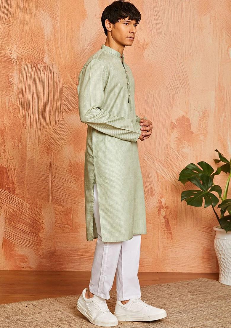 Green Striped Poly Blend Kurta Set For Men
