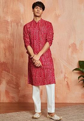 Fuchsia Pink Bandhani Print Poly Blend Kurta Set For Men