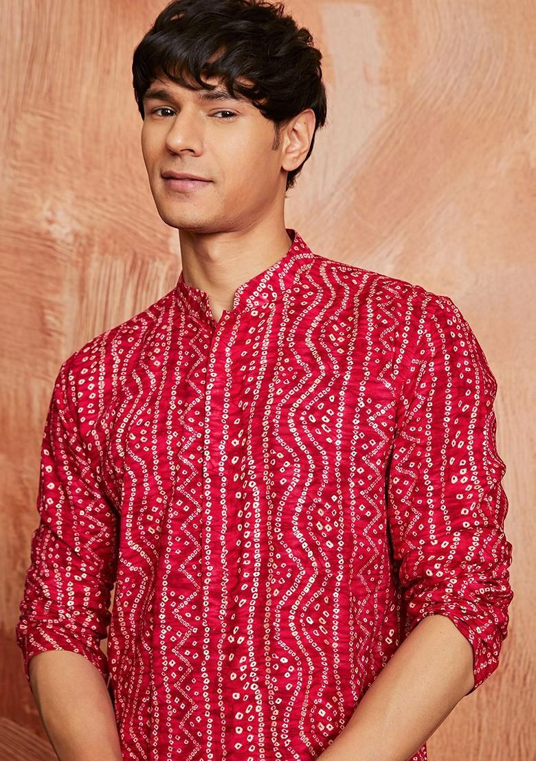 Fuchsia Pink Bandhani Print Poly Blend Kurta Set For Men