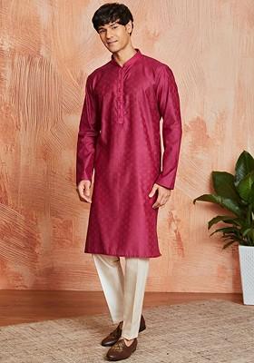 Fuchsia Pink Thread Work Poly Blend Kurta Set For Men