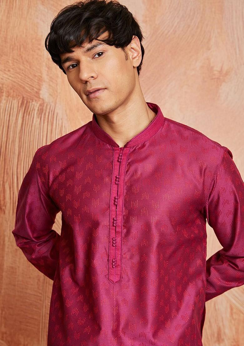 Fuchsia Pink Thread Work Poly Blend Kurta Set For Men