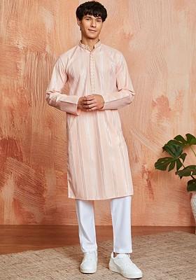 Peach Thread Work Poly Blend Kurta Set For Men
