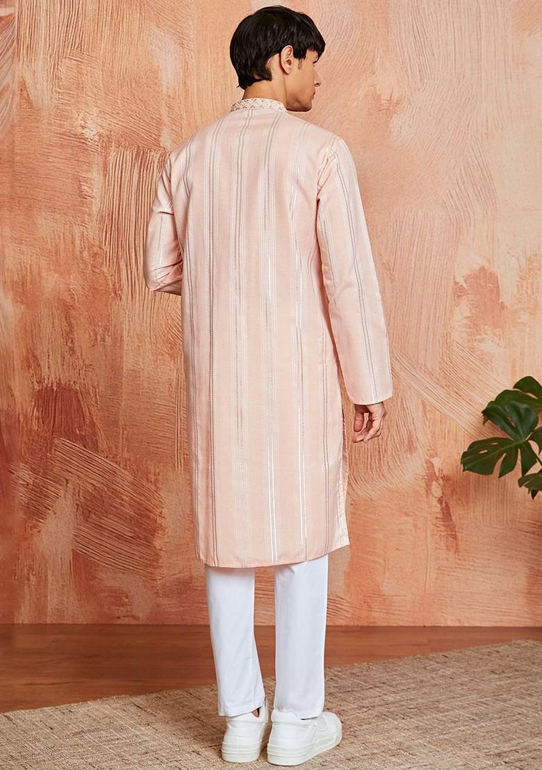 Peach Thread Work Poly Blend Kurta Set For Men