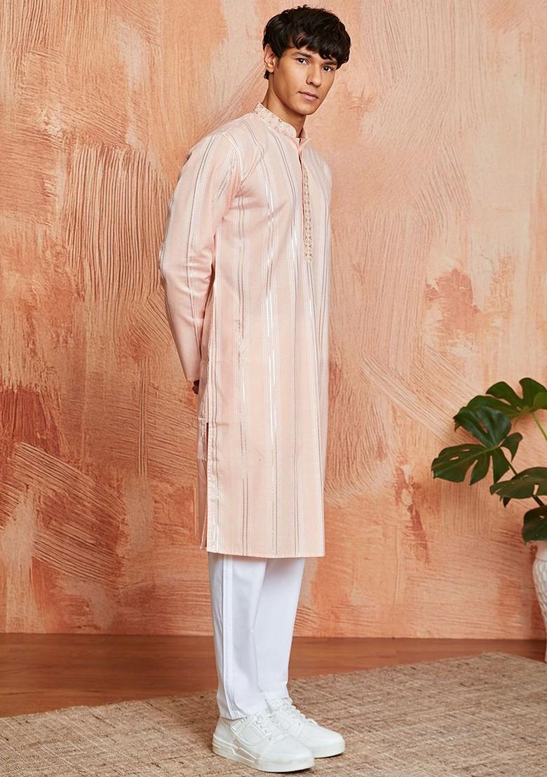 Peach Thread Work Poly Blend Kurta Set For Men