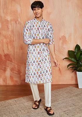 Blue Ethnic Motifs Poly Blend Kurta Set For Men