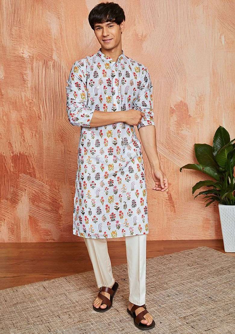 Blue Ethnic Motifs Poly Blend Kurta Set For Men - Indya