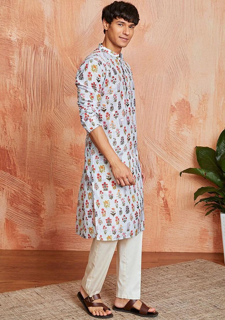 Blue Ethnic Motifs Poly Blend Kurta Set For Men