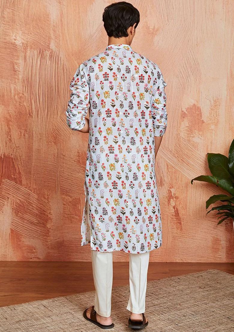 Blue Ethnic Motifs Poly Blend Kurta Set For Men