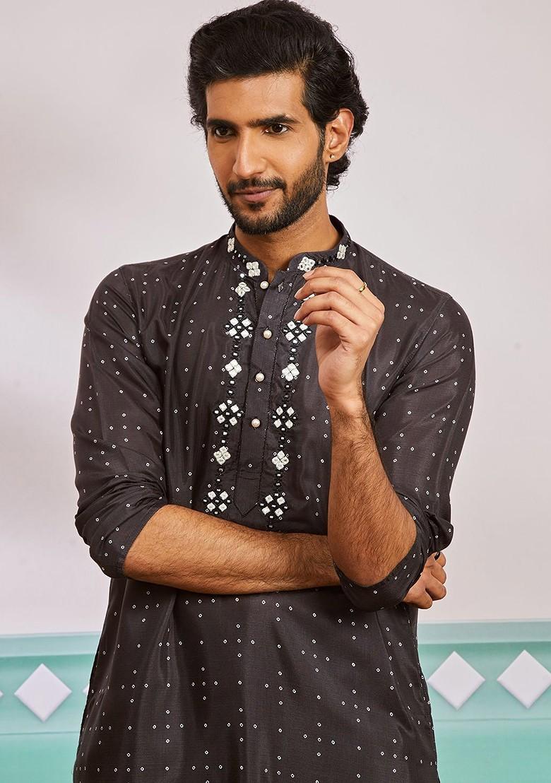 Black Sequin Work Poly Blend Kurta Set For Men