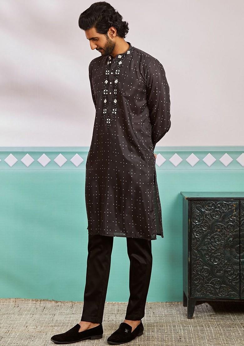 Black Sequin Work Poly Blend Kurta Set For Men